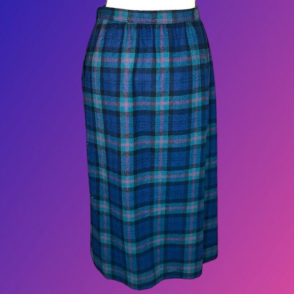 80’s Vintage Pendleton Pink Navy Blue Green Preppy Plaid Faux Wrap Wool Skirt 6 - Picture 3 of 11